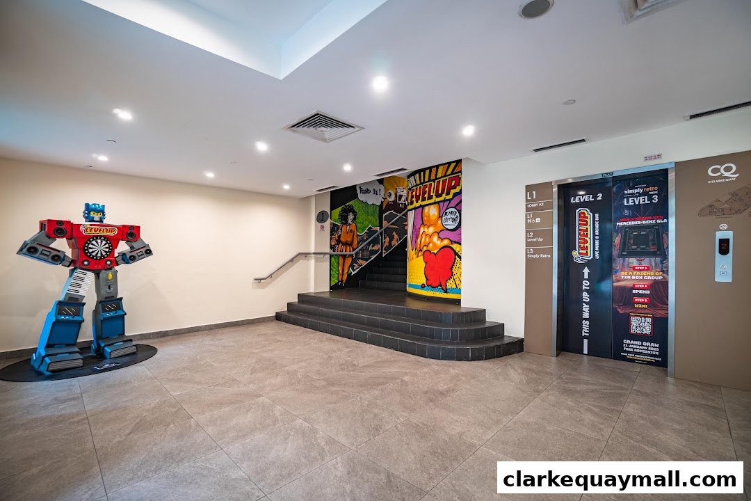 Entrance area with a robot statue, stairs, and elevator doors for Level Up.