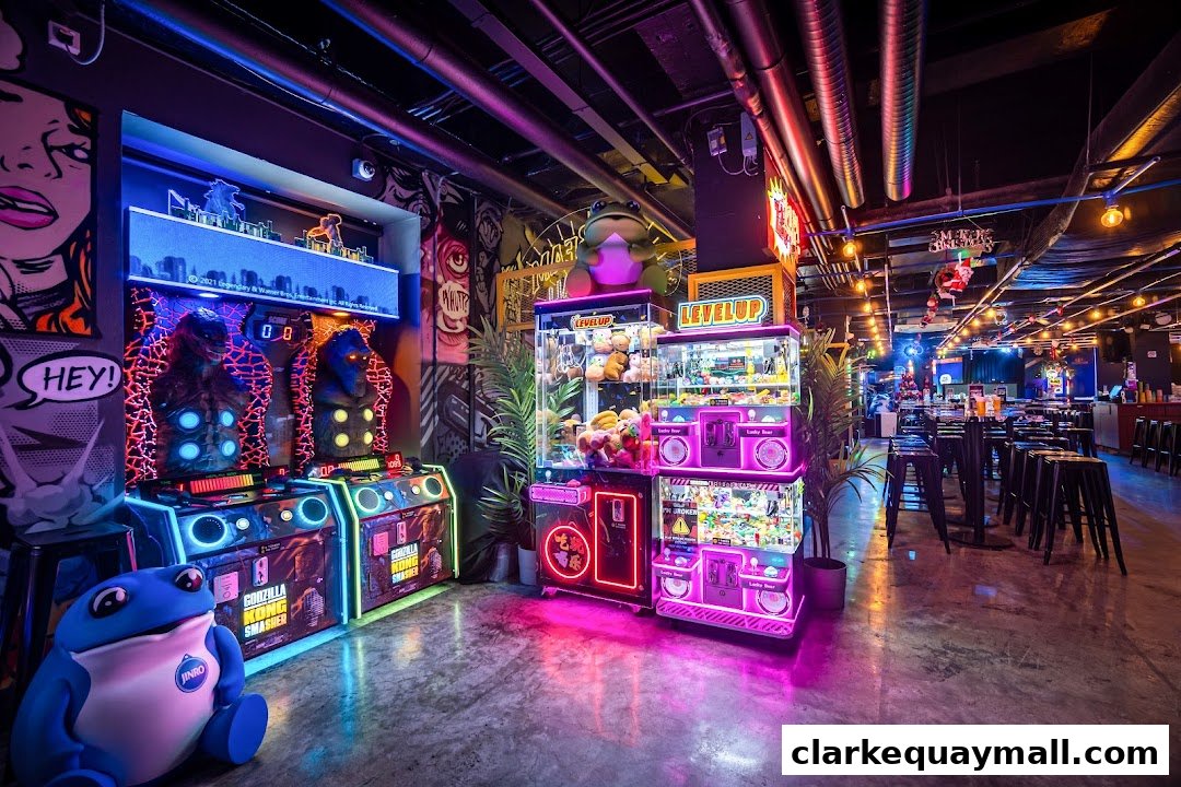 Vibrant arcade bar with neon lights, gaming machines, and seating area.
