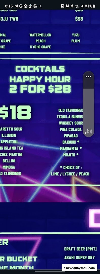 A menu featuring cocktails, happy hour deals, and drinks with prices.