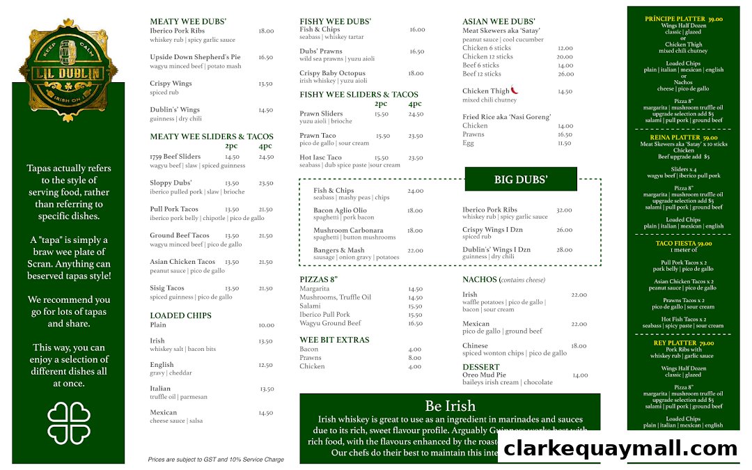 A menu for Lil Dublin Bar featuring various dishes like wings, tacos, ribs, and platters.