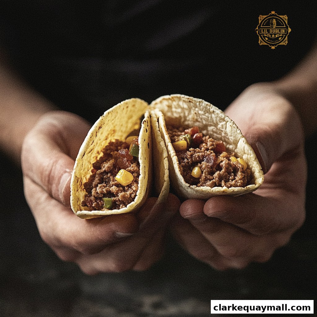 Hands holding two delicious-looking tacos filled with seasoned ground meat and corn.