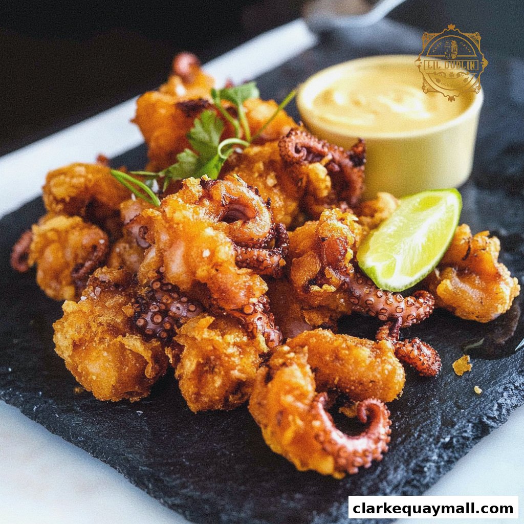 Crispy fried calamari served with a dipping sauce and a lime wedge.