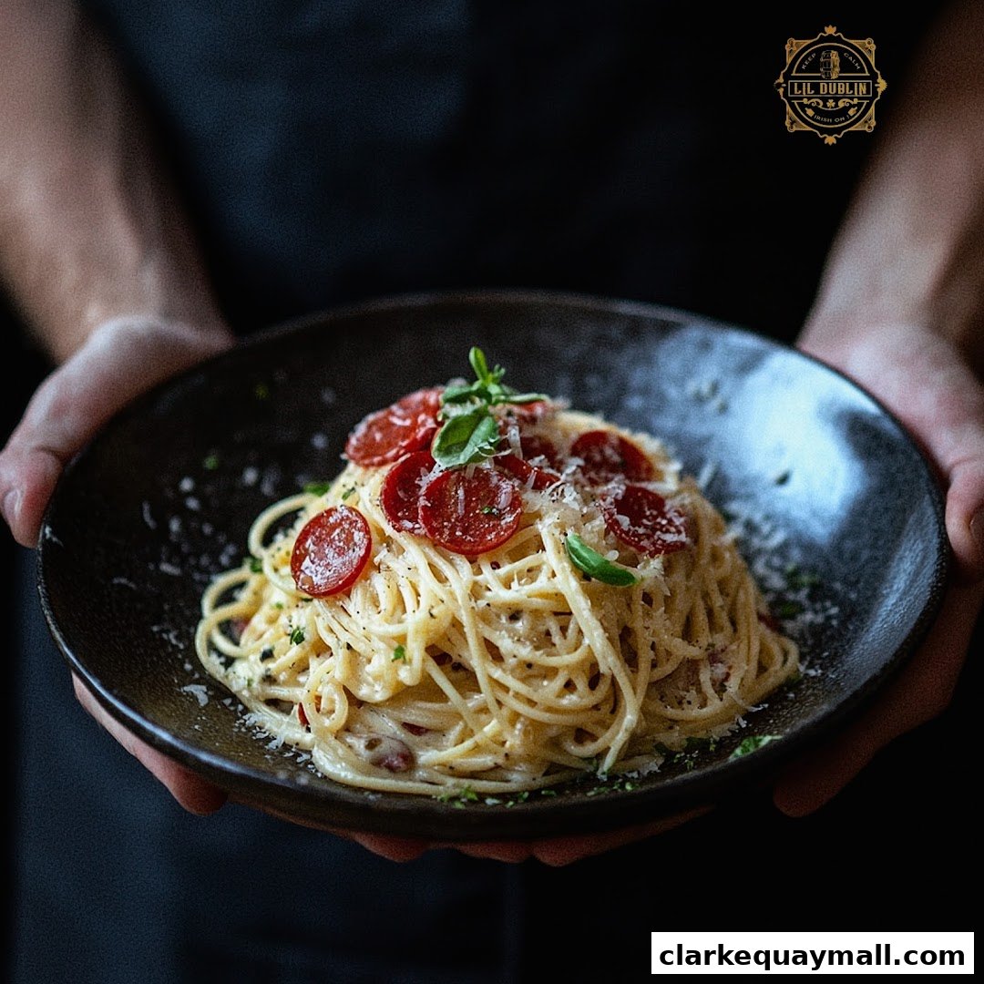 A close-up of a delicious pasta dish with pepperoni and cheese, held by hands.