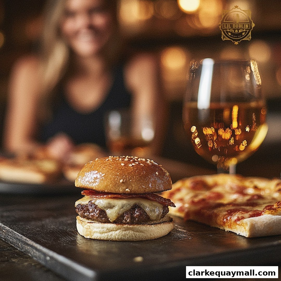 A juicy burger and pizza slice are served with a glass of beer at Lil Dublin Bar.
