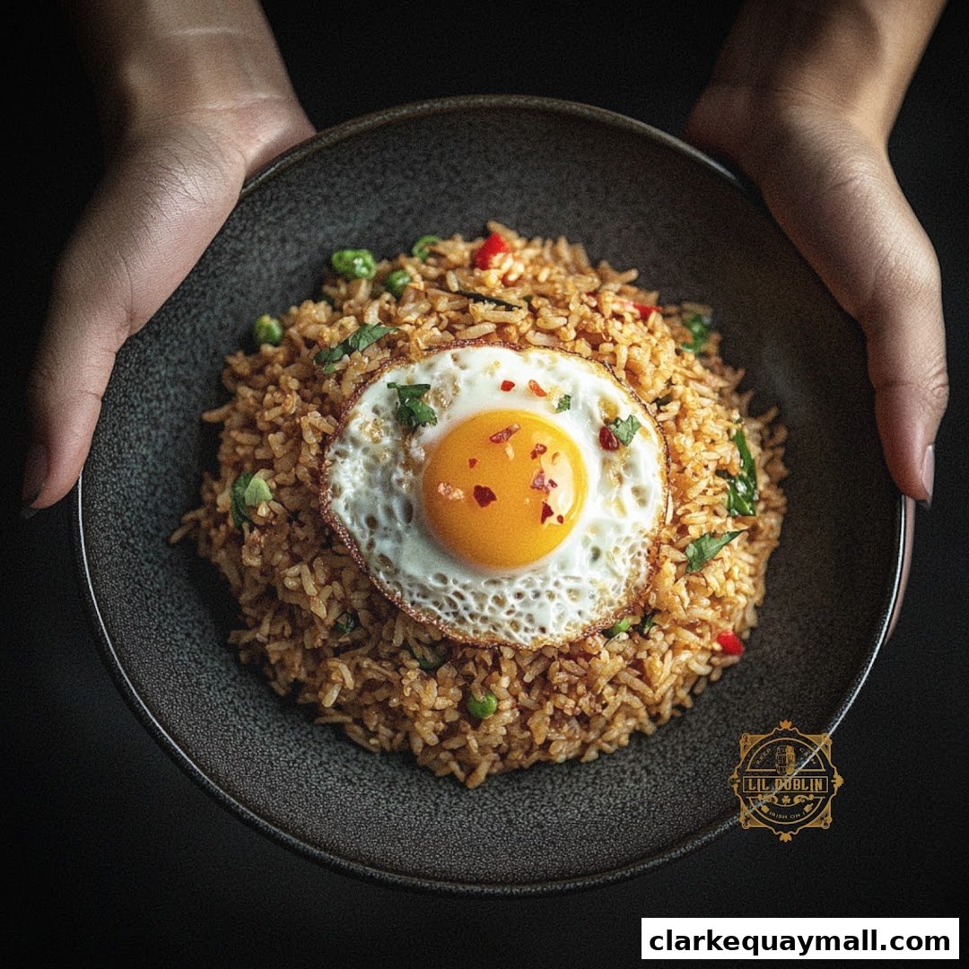 A close-up shot of a delicious fried rice dish topped with a sunny-side-up egg.
