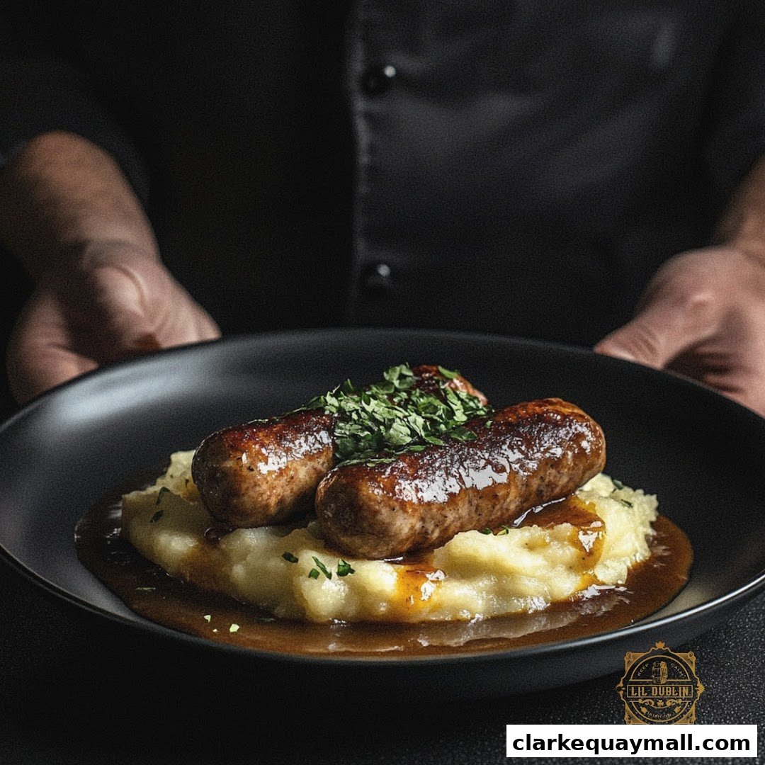 A chef presents a plate of sausages and mashed potatoes with gravy and parsley.