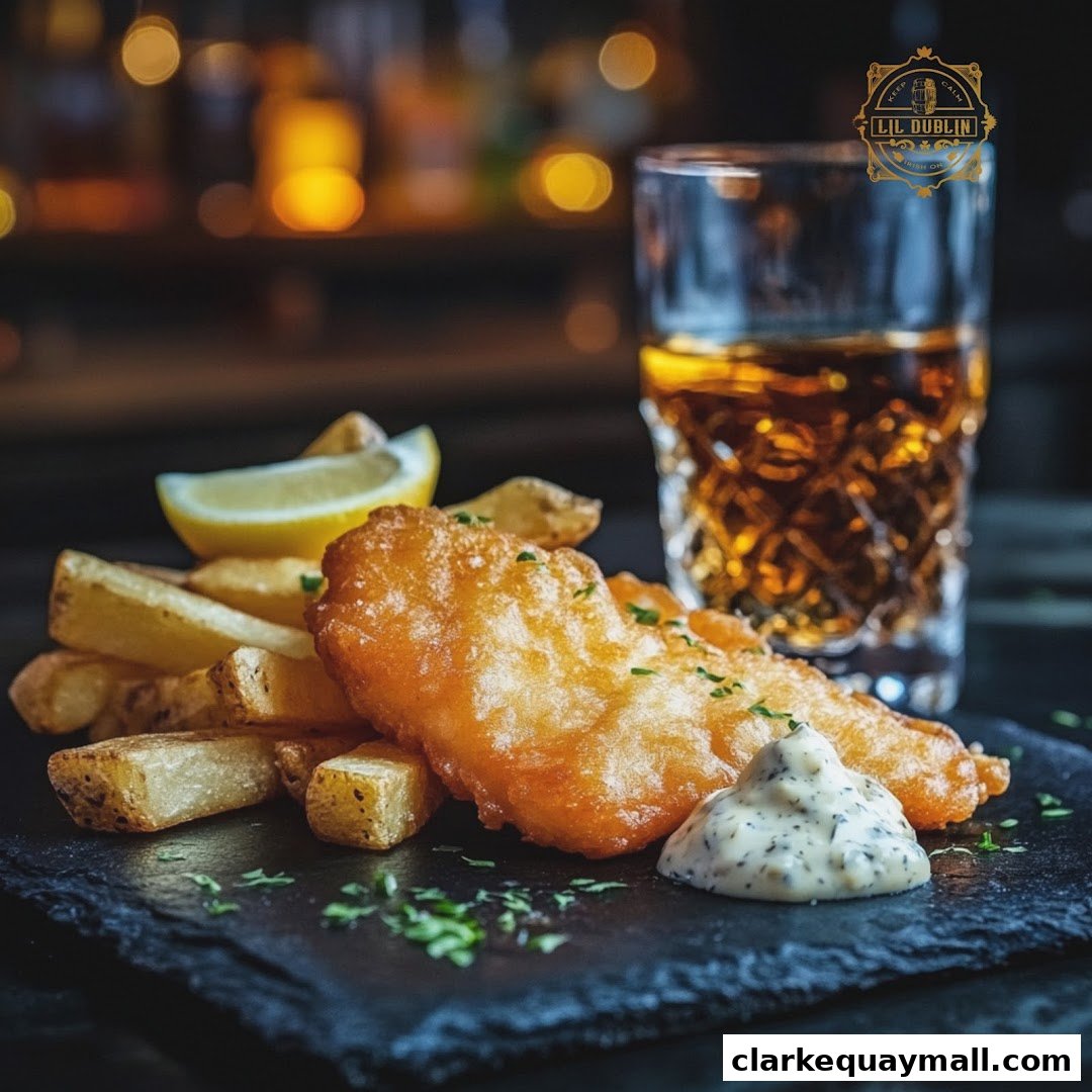 A plate of fish and chips with a glass of amber liquid and a lemon wedge.