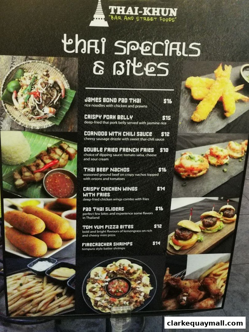 A menu for Thai-Khun Bar and Street Foods featuring various Thai specials and bites.
