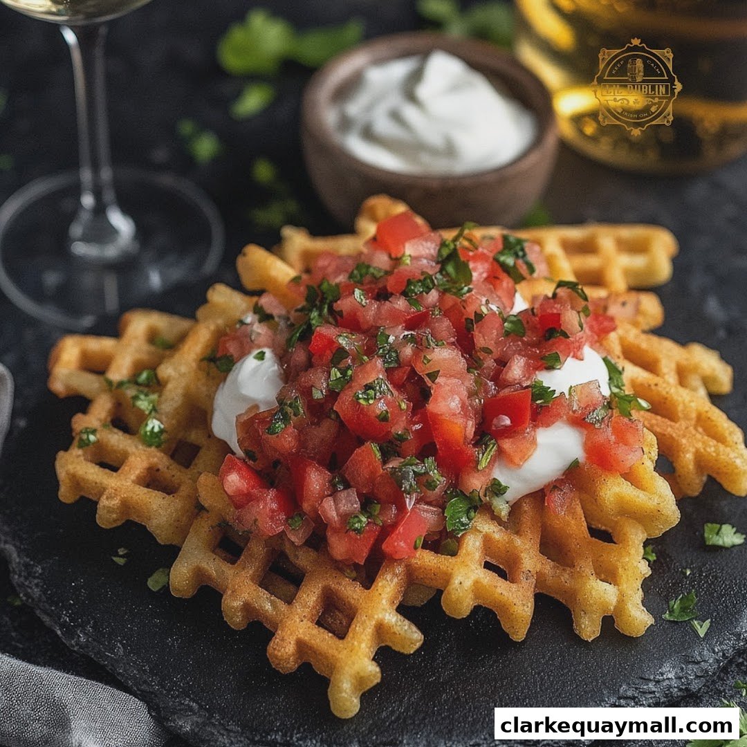 A close-up of savory waffles topped with pico de gallo and sour cream, served with a drink.