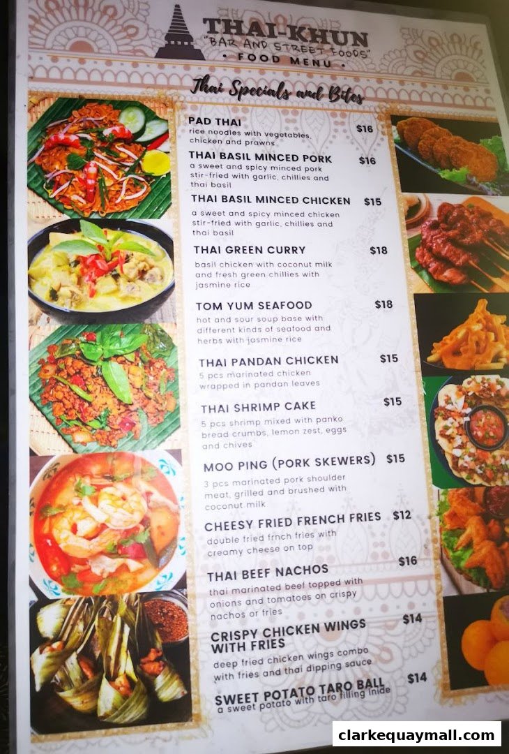 A menu from Thai-Khun featuring Thai specials and bites with enticing food photography.