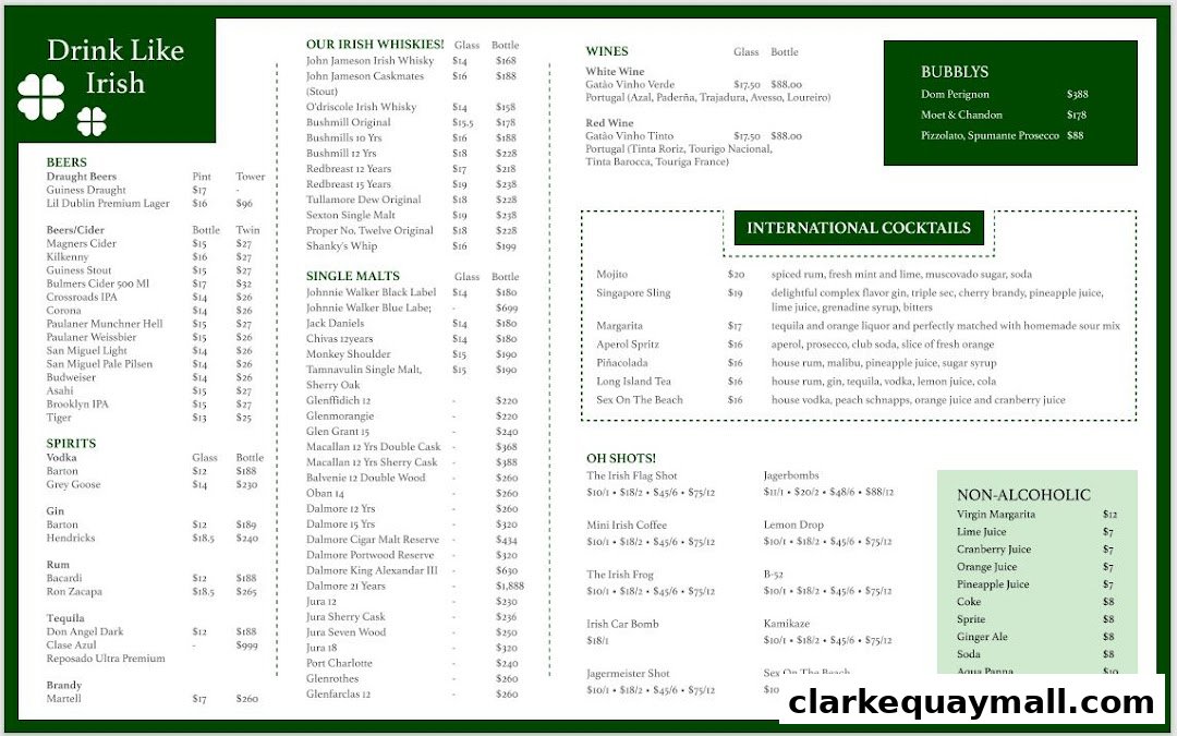 A comprehensive menu for Lil Dublin Bar, featuring Irish whiskies, wines, beers, spirits, cocktails, and non-alcoholic drinks.