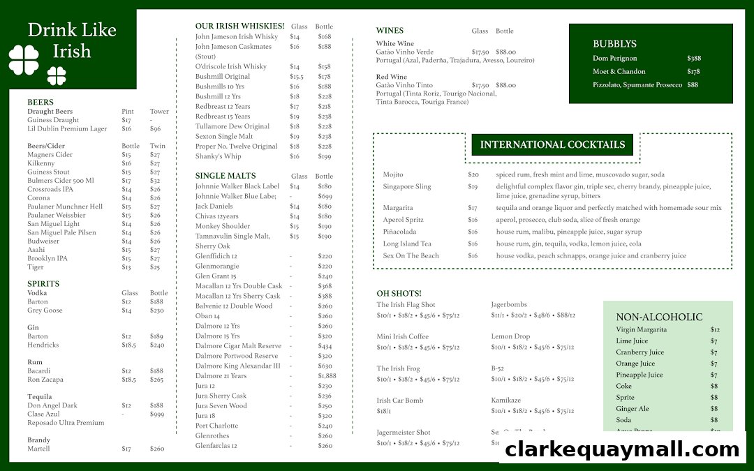 A menu for Lil Dublin Bar featuring Irish whiskies, wines, beers, spirits, cocktails, and non-alcoholic drinks.