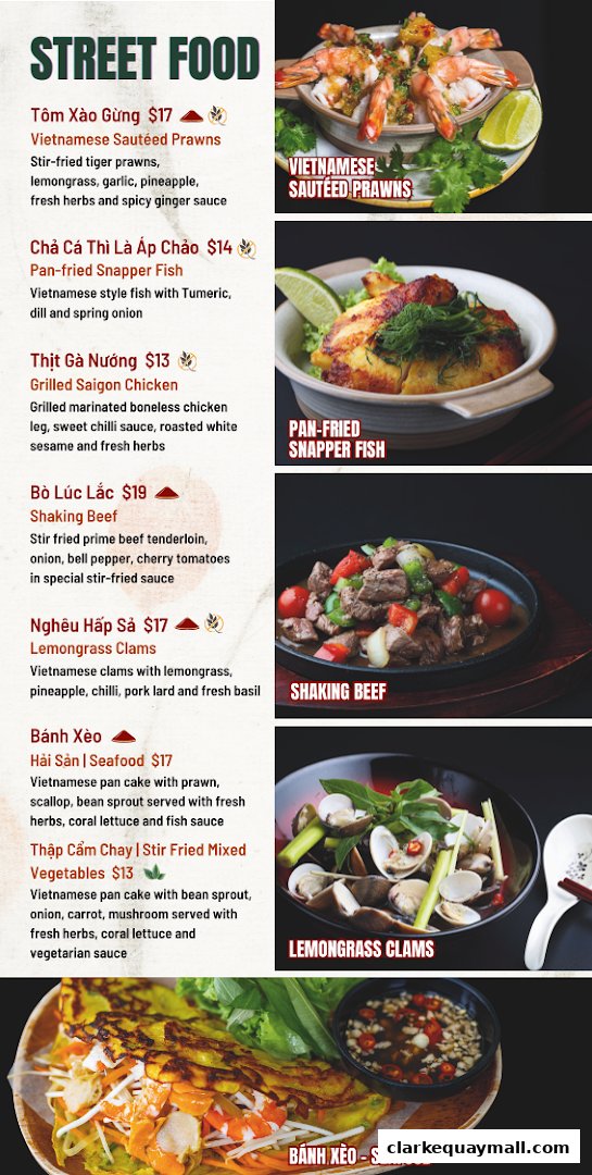 A menu showcasing various Vietnamese street food dishes with enticing images.