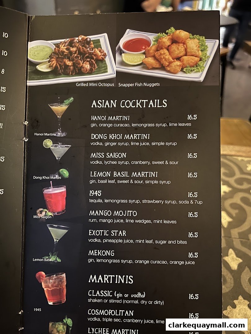 A menu page featuring Asian cocktails and martinis with accompanying food images.