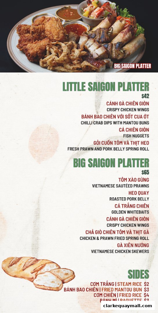 A menu featuring platters with various Vietnamese dishes and sides, including fried chicken and spring rolls.