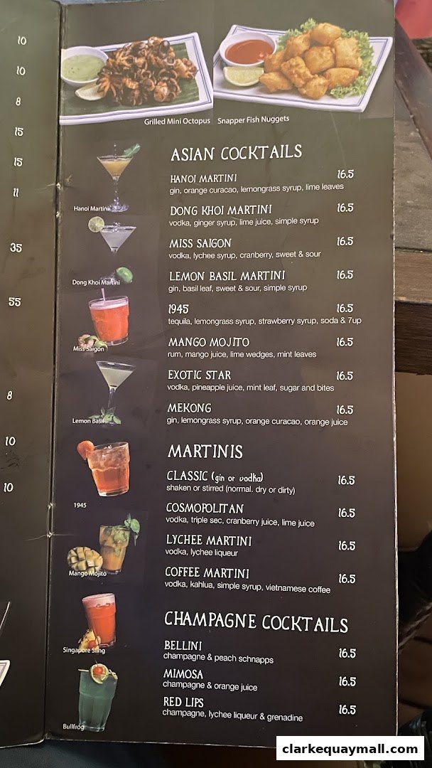 A menu featuring Asian cocktails, Martinis, and Champagne Cocktails with accompanying images.