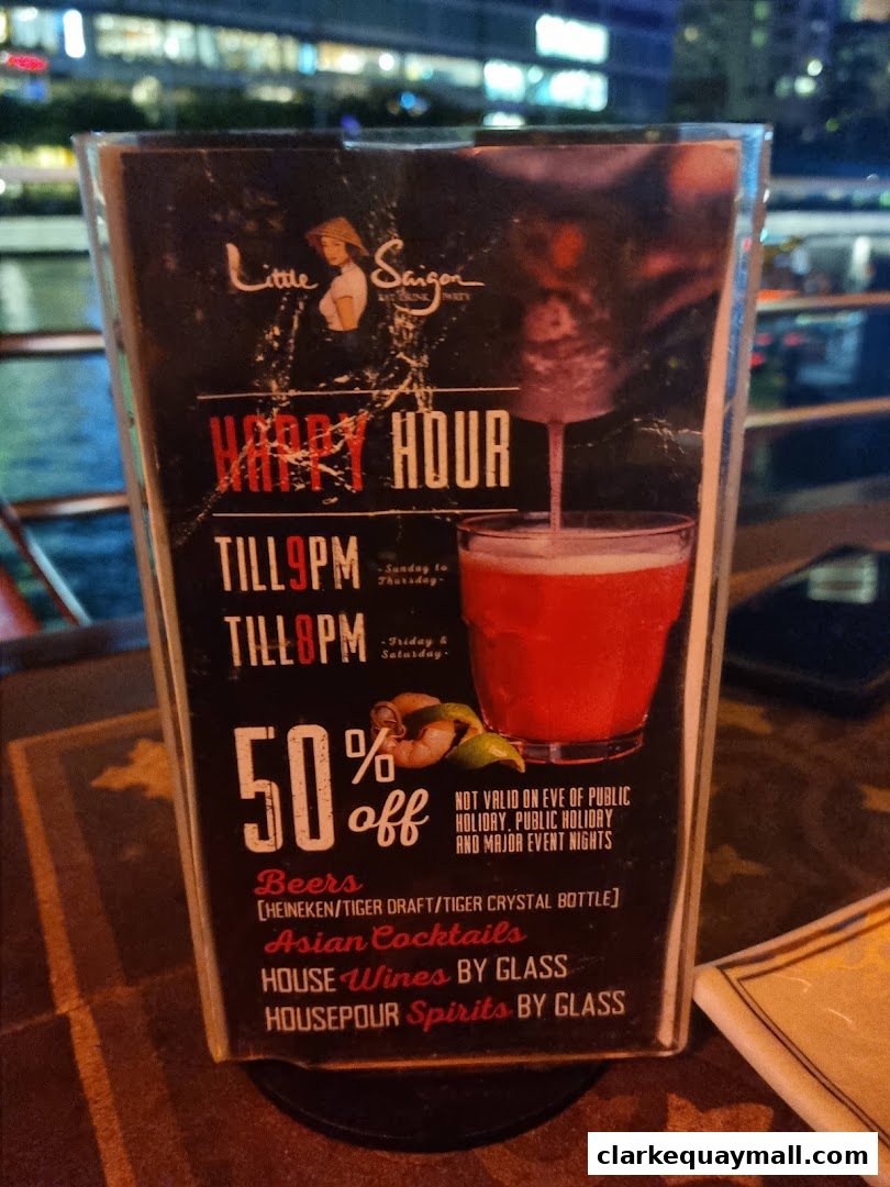 A menu for Little Saigon featuring happy hour deals and drink categories.