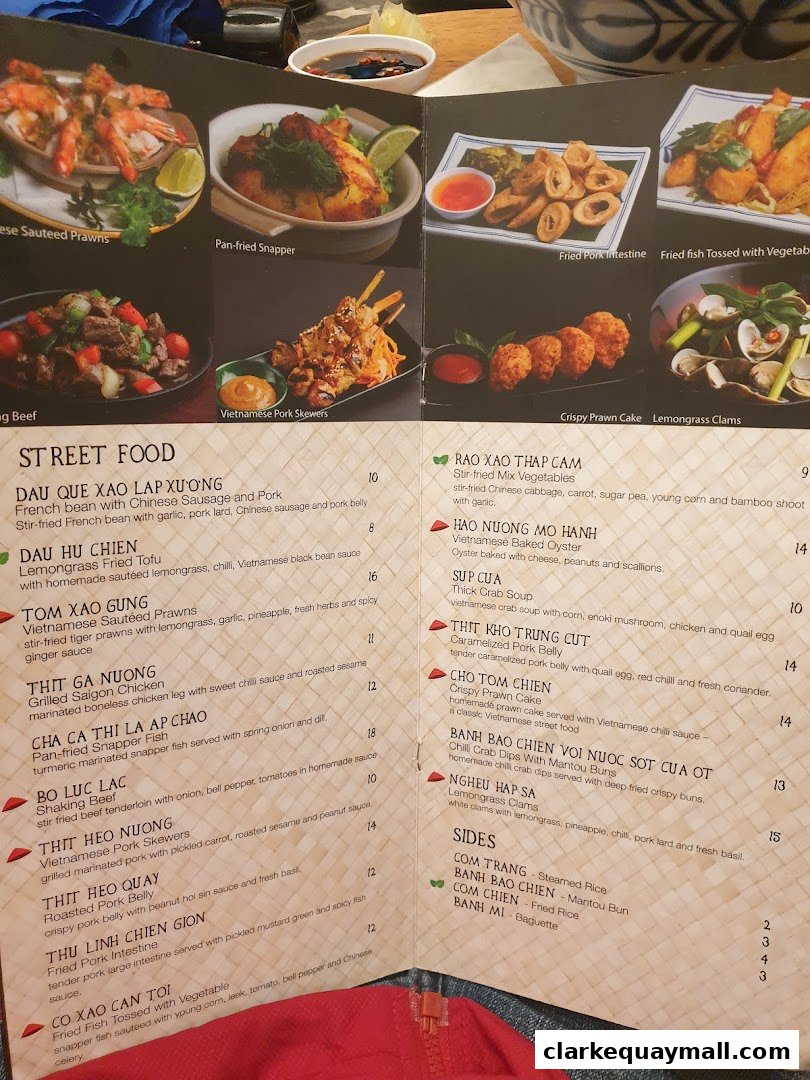 A menu featuring Vietnamese street food dishes with accompanying images.