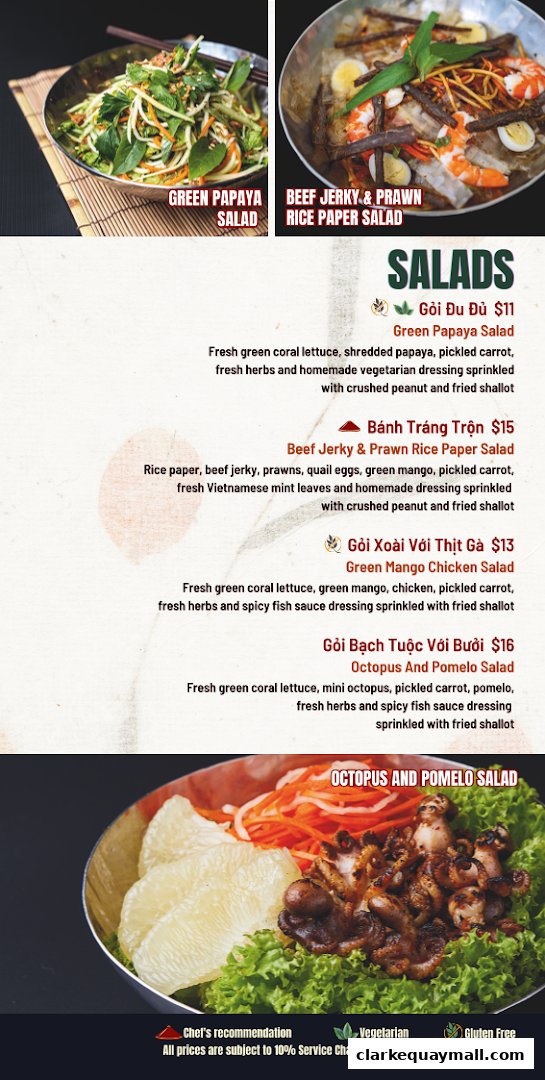 A menu showcasing various Vietnamese salads with enticing descriptions and prices.