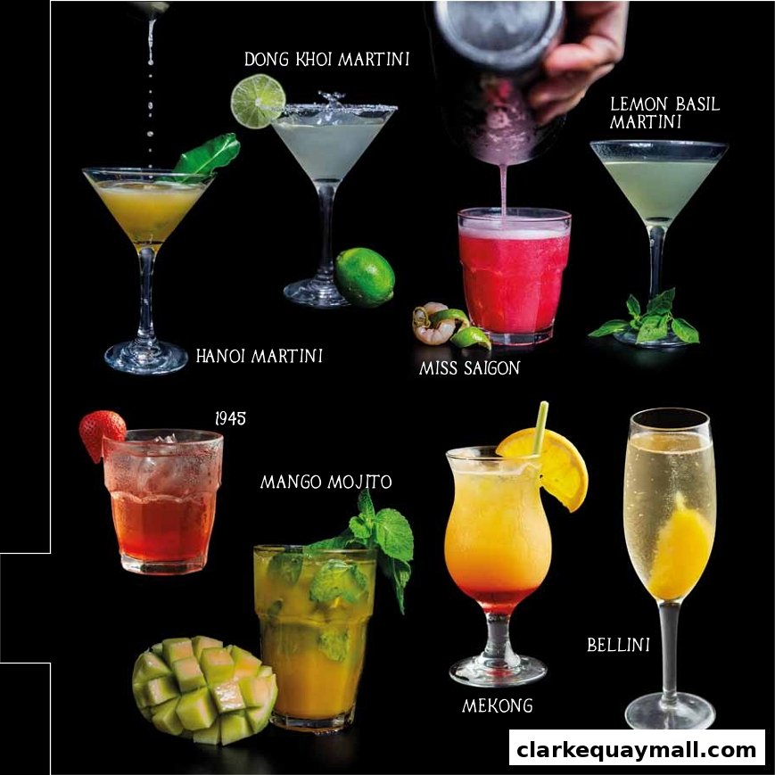 A collection of beautifully presented cocktails and drinks with their names displayed.