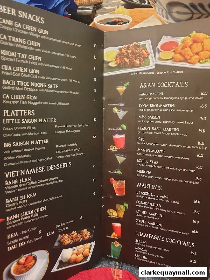 A menu from Little Saigon featuring beer snacks, platters, desserts, and cocktails.