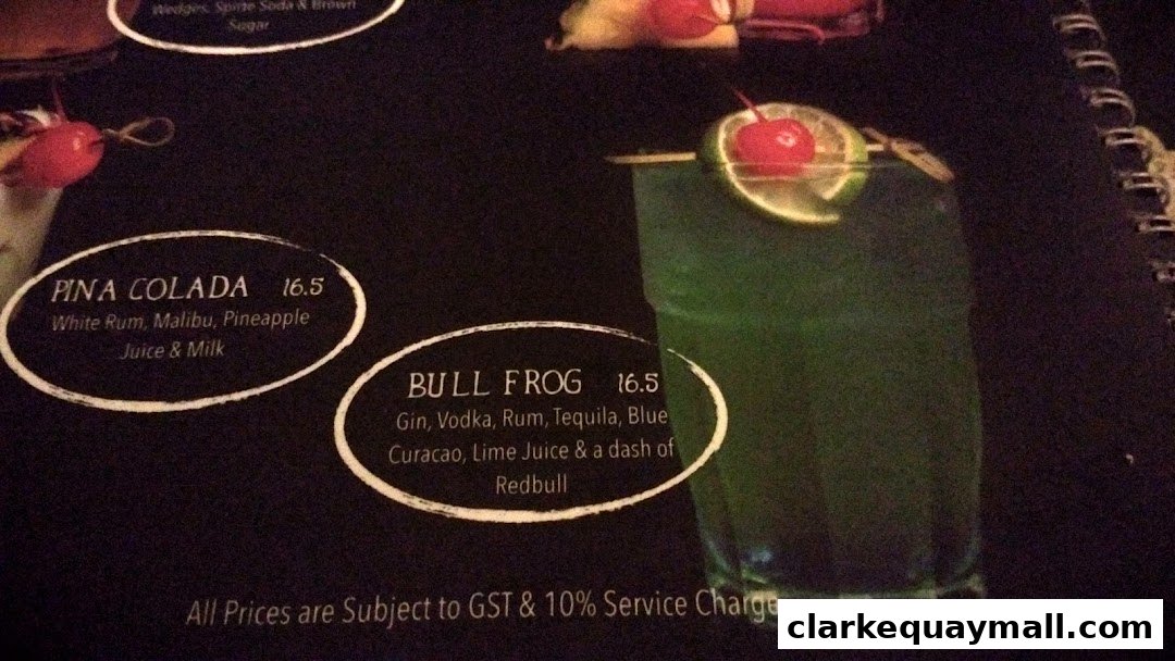 A menu featuring cocktails with names, ingredients, and prices.