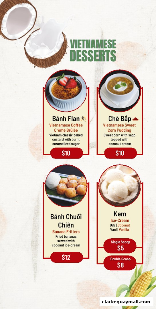 A menu showcasing four Vietnamese desserts with images and descriptions.
