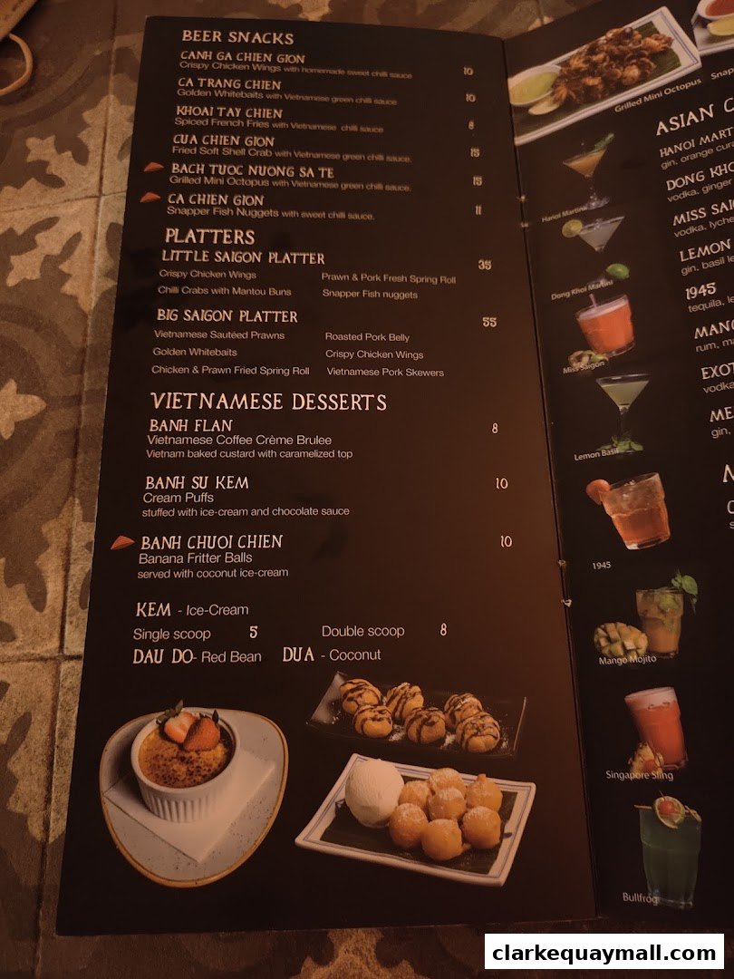A menu from Little Saigon featuring Vietnamese dishes, snacks, platters, desserts, and ice cream.