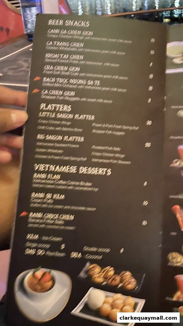 A menu from Little Saigon featuring beer snacks, platters, and Vietnamese desserts.