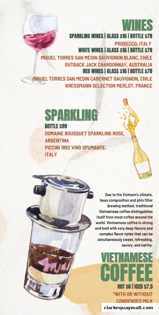 A menu featuring wines and Vietnamese coffee with watercolor illustrations.