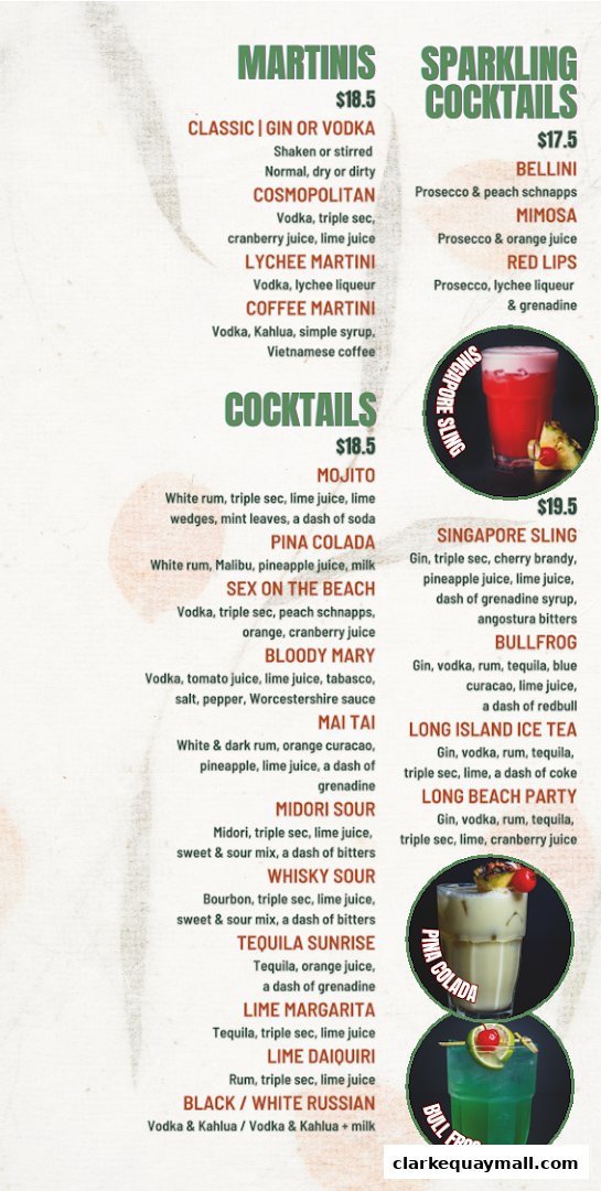 A menu featuring cocktails, martinis, and sparkling cocktails with prices and ingredients.