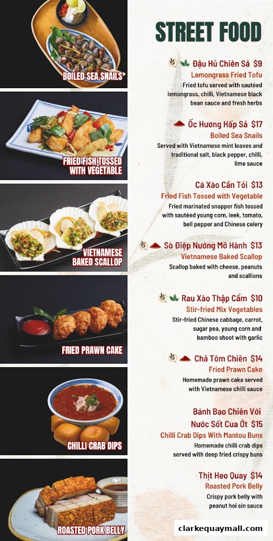 A menu showcasing various Vietnamese street food dishes with enticing images and descriptions.