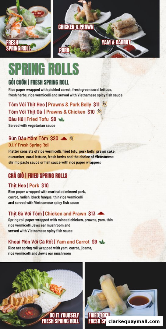 A menu showcasing various fresh and fried spring rolls with detailed descriptions and prices.