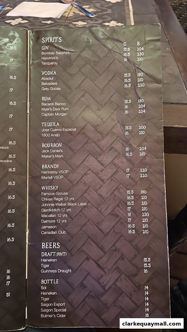 A menu from Little Saigon featuring spirits, liquors, and beers with prices.