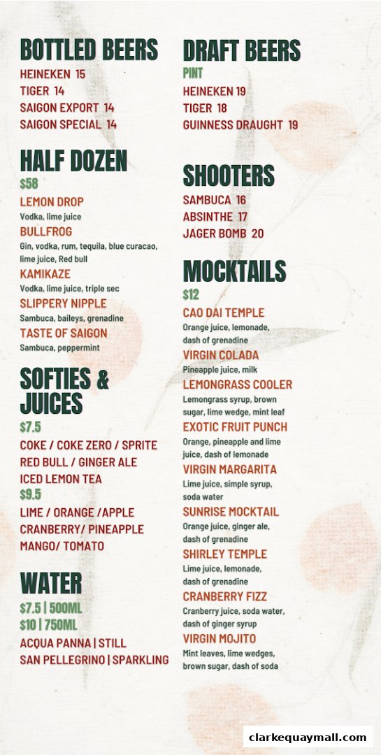 A menu featuring bottled beers, draft beers, shooters, mocktails, softies, juices, and water.