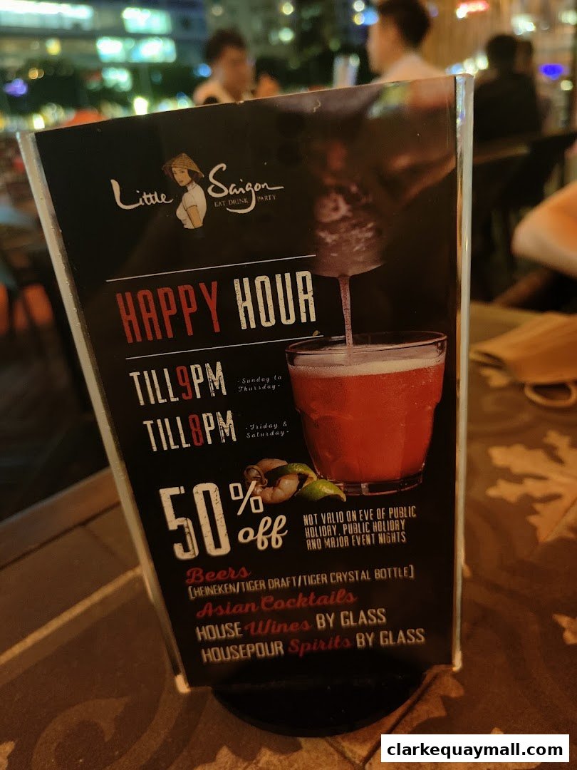 A menu for Little Saigon featuring a happy hour with 50% off drinks.