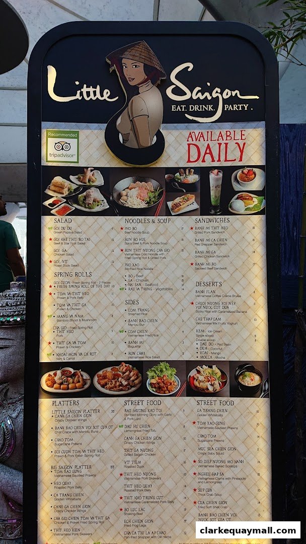 A menu board for Little Saigon restaurant, featuring Vietnamese dishes and drinks.