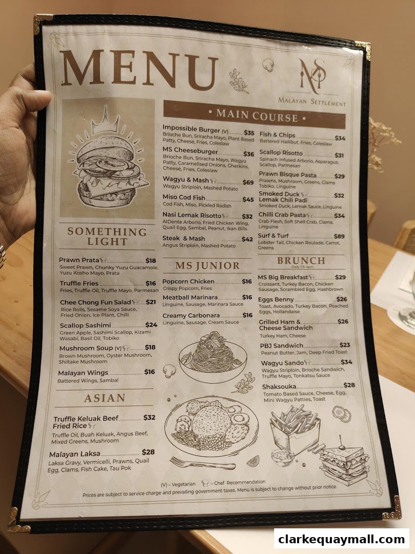 A menu from Malayan Settlement featuring main courses, junior meals, and Asian dishes.