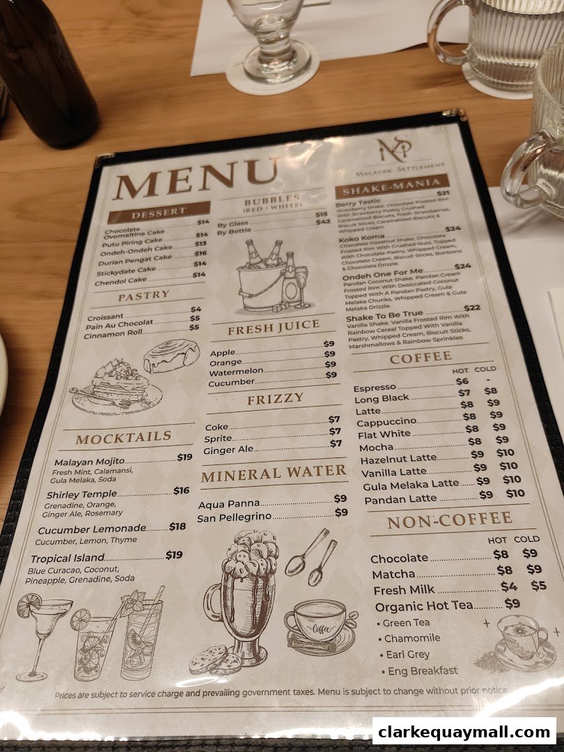 A menu from Malayan Settlement featuring desserts, shakes, mocktails, coffee, and non-coffee drinks.