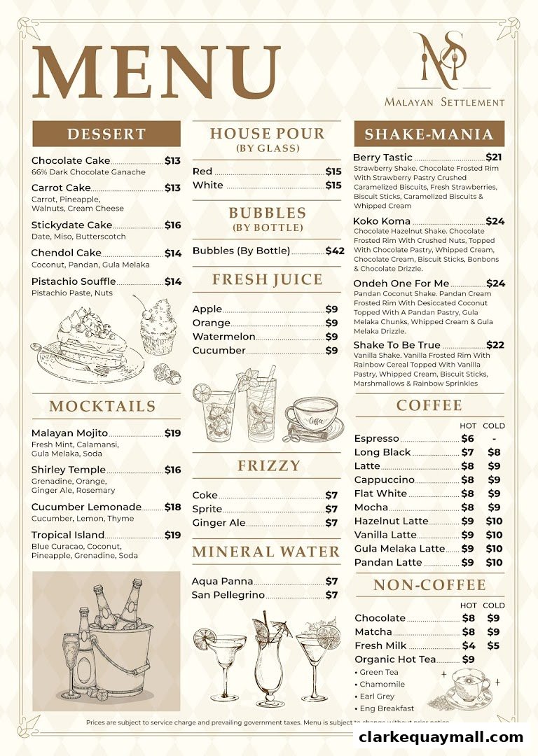 A menu from Malayan Settlement featuring desserts, drinks, shakes, coffee, and non-coffee beverages.