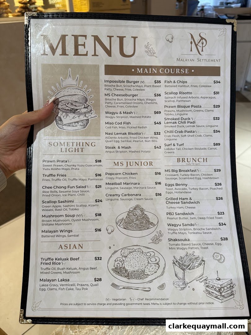 A menu from Malayan Settlement featuring main courses, junior meals, brunch, and Asian dishes.