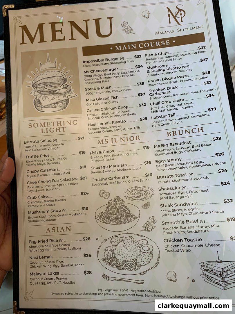 A menu from Malayan Settlement featuring main courses, junior meals, Asian dishes, and brunch options.
