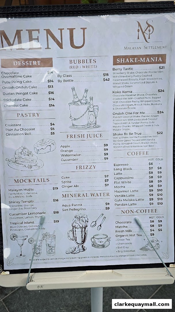 A menu from Malayan Settlement featuring desserts, pastries, mocktails, shakes, juices, coffee, and non-coffee drinks.