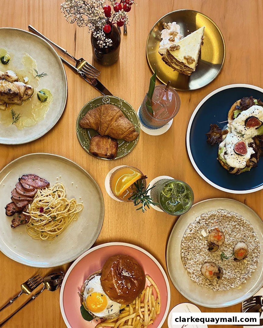A spread of delicious food and drinks on a wooden table, including pasta, burgers, and desserts.