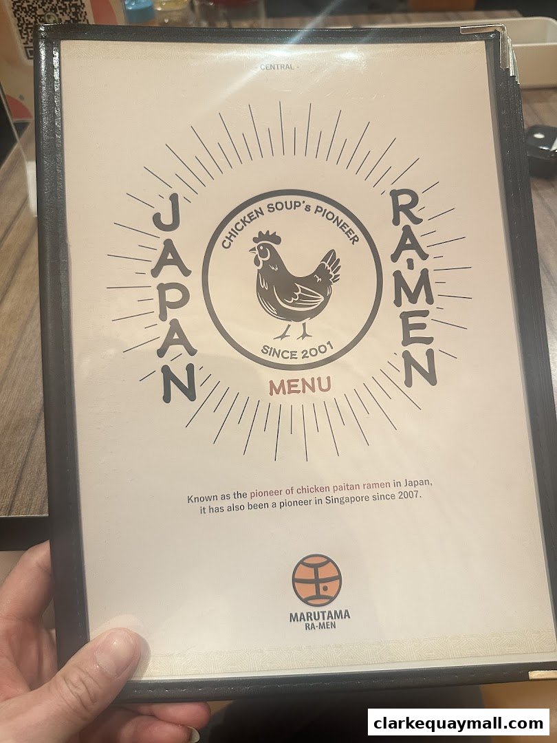 A menu for Marutama Ramen, highlighting their status as a pioneer in chicken soup ramen.