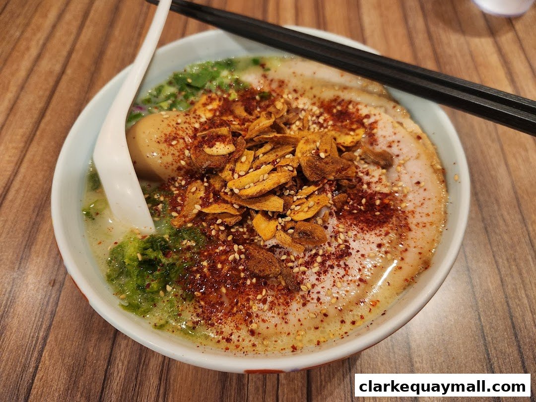 A close-up shot of a delicious bowl of ramen with pork, egg, and crispy garlic.