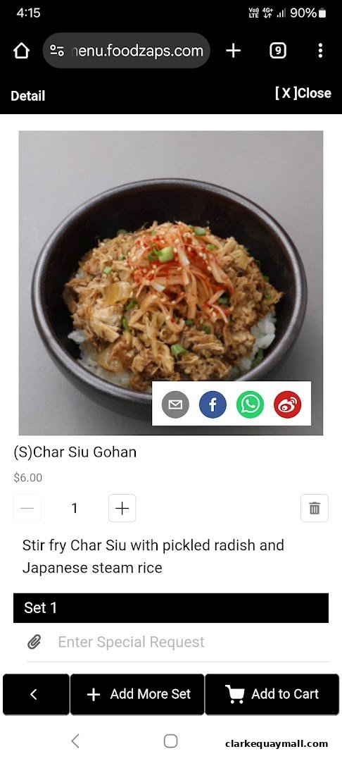 A bowl of Char Siu Gohan with toppings and a description of the dish.