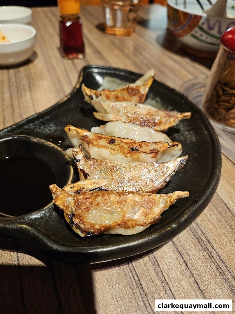 A plate of golden-brown pan-fried gyoza dumplings with a side of dipping sauce.
