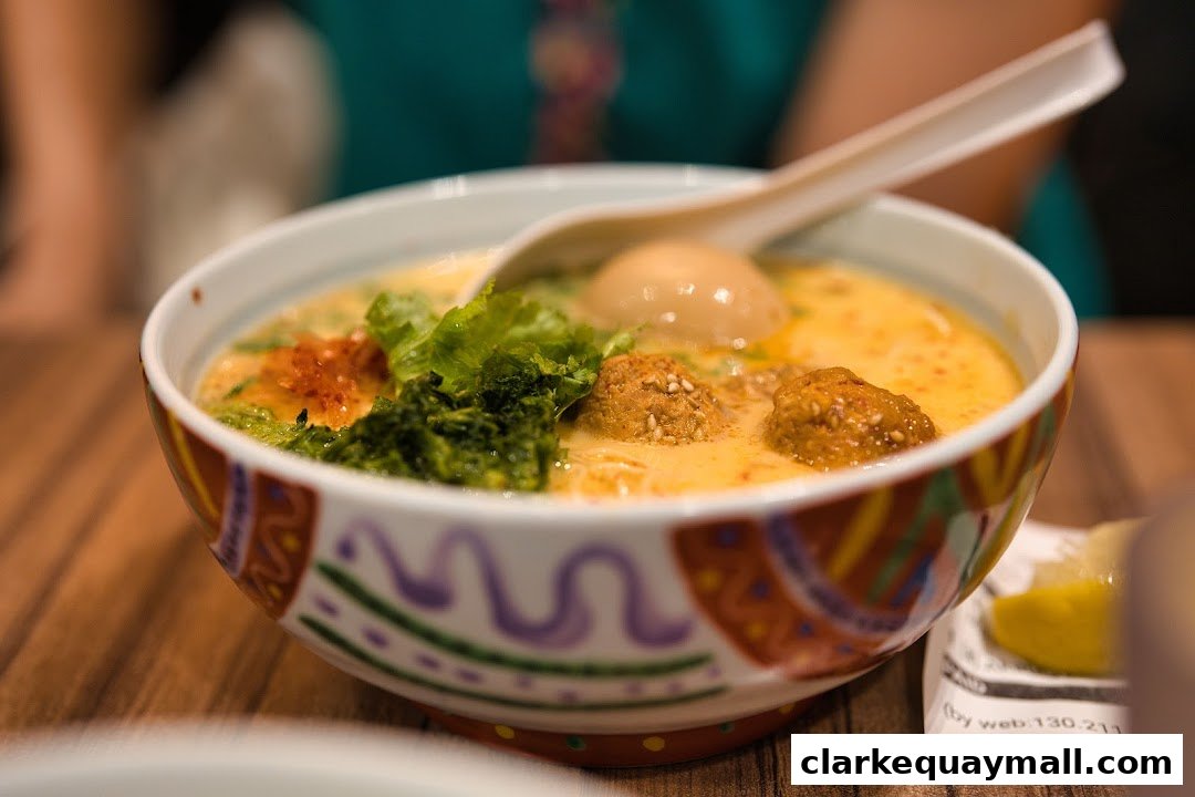 A close-up of a delicious bowl of ramen with a creamy broth and various toppings.