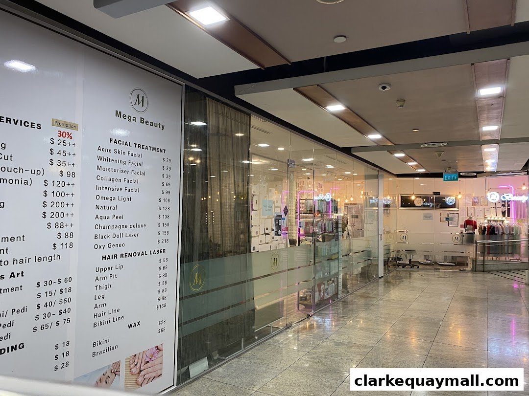 A price list for facial treatments, hair removal, and waxing services at Mega Beauty.